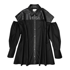 Faux Leather Yoke Shirt - BLACK