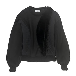 Patchwork Fur Mix Jersey Pullover - BLACK