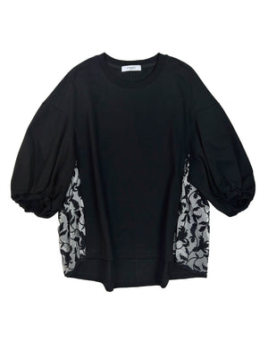 PUFF SLEEVE T-SHIRT WITH EMBROIDERY - BLACK