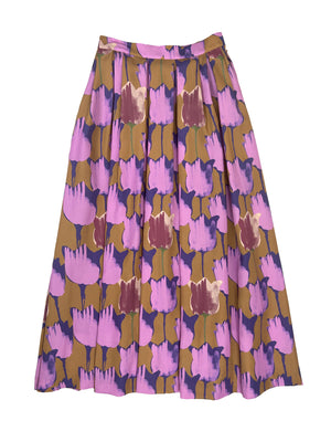 TULIP PRINTED MULTI TUCK SKIRT - BROWN