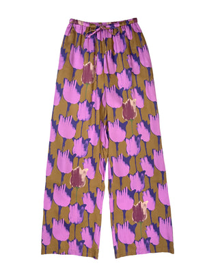 TULIP PRINTED PINTUCK PANTS - BROWN