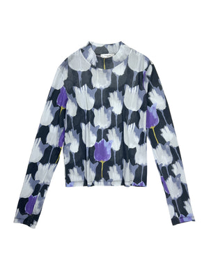 TULIP PRINTED MOCK NECK TOP - NAVY