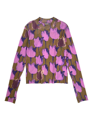 TULIP PRINTED MOCK NECK TOP - BROWN